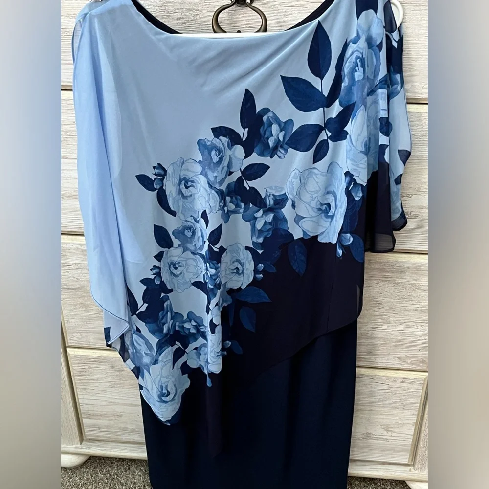 Ignite Evenings Blue Jewel Neck Sleeveless Asymmetric Capelet Dress Size 14 - Picture 3 of 12